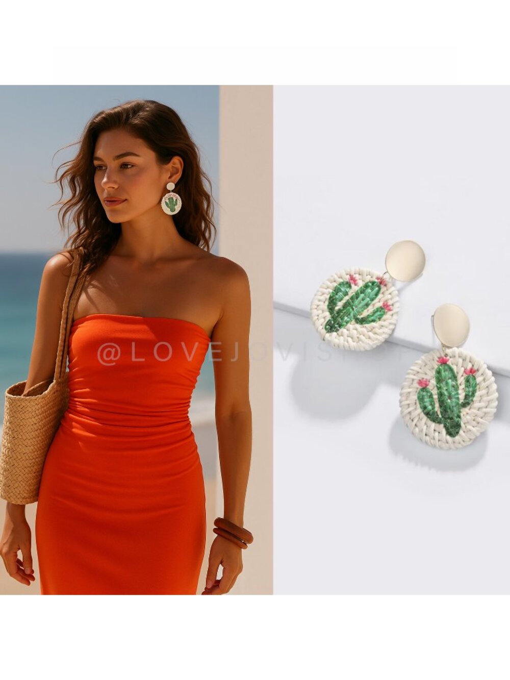 Earrings | Meeis Cactus Rattan Earrings | Hand-Painted Flirty Vacay Statement - Picture 1 of 3